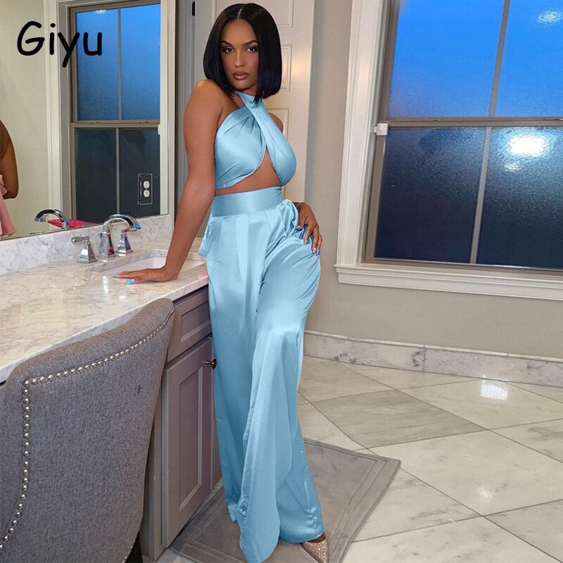 Blue Sexy Hater Backless Crop Top and Pants Set