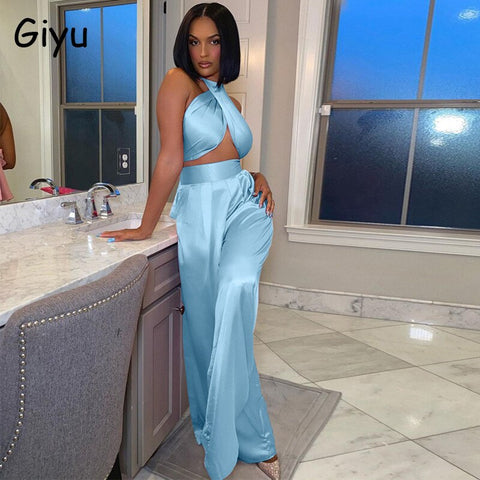 Blue Sexy Halter Backless Crop Top and Pants Set