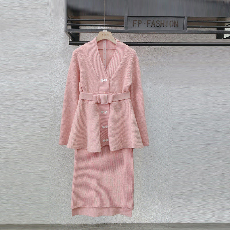 Pink Knitted Long Sleeve Tops and High Waist Midi Skirts