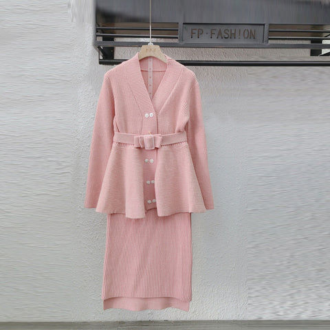 Pink Knitted Long Sleeve Tops and High Waist Midi Skirts
