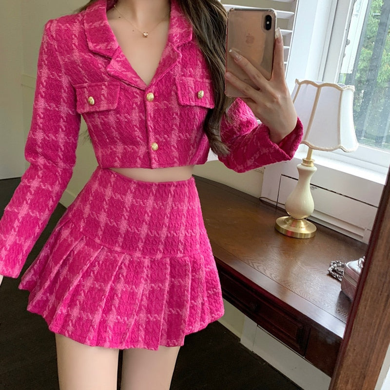 Rose Pink Vintage Tweed Crop Top Jacket and Mini Skirt