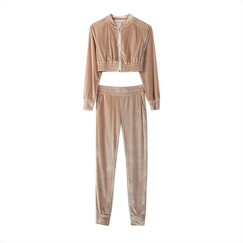 Beige Velour Smooth Sweatshirt & Pants Sets