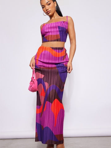 Purple Printed Pleated Top And Skirt Set