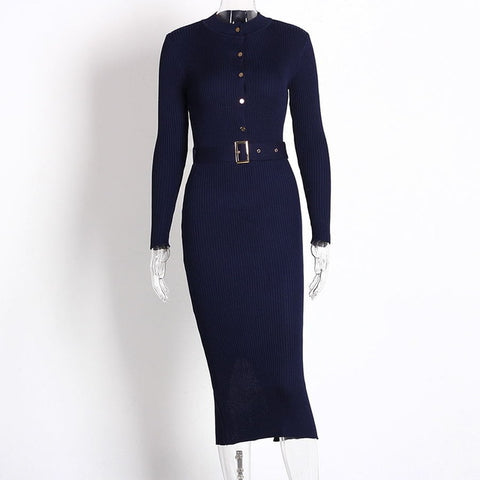 Navy Blue Knitted Midi Sweater Pencil Dress