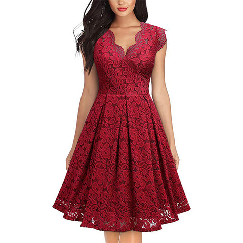 Red Retro Lace V-Neck Cocktail Dress