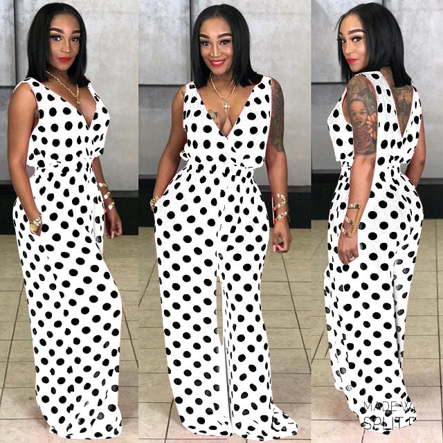 White Geneva Plus Size Casual Jumpsuits w/ Polka Prints