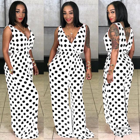 White Geneva Plus Size Casual Jumpsuits w/ Polka Prints