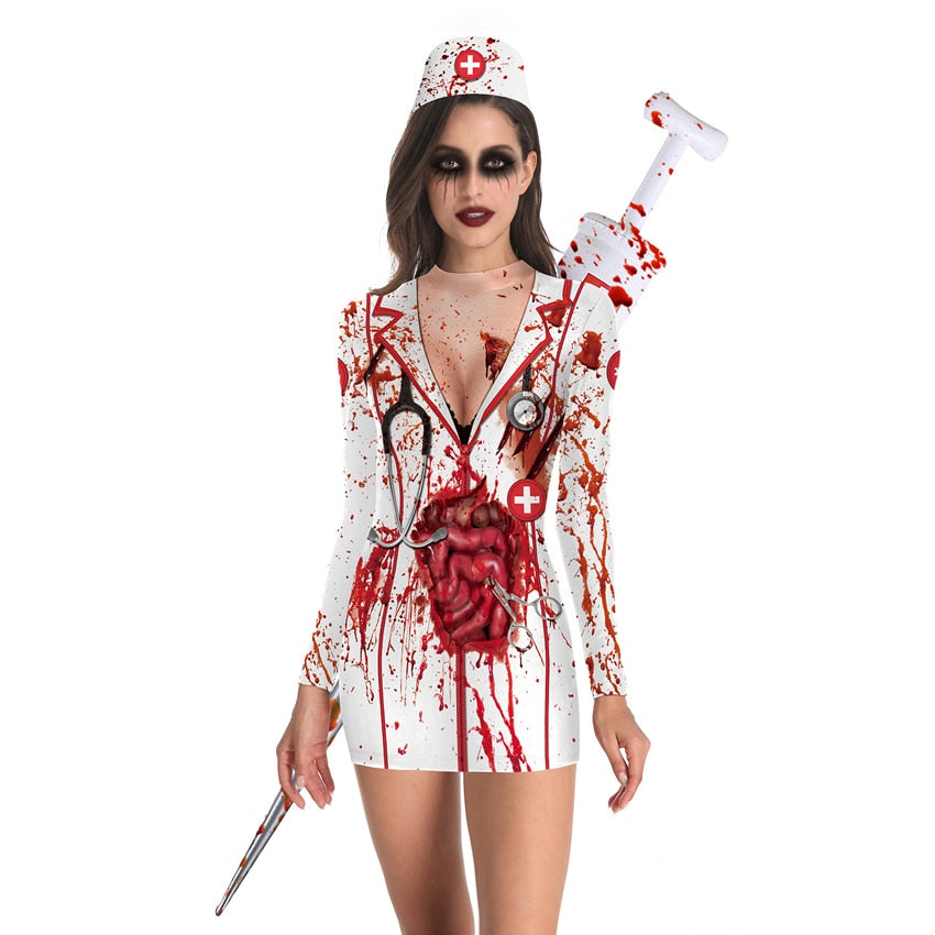 Scary Horror Cosplay Costumes Mini Dress - Bloody Nurse print