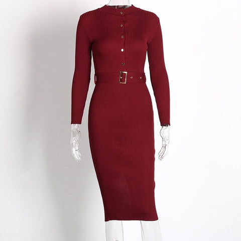 Burgundy Knitted Midi Sweater Pencil Dress