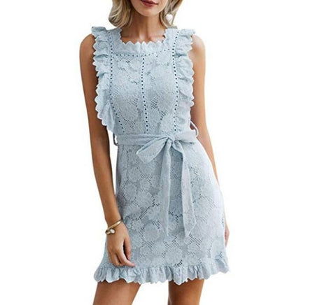 Blue Embroidery Lace Ruffle Summer Dress 