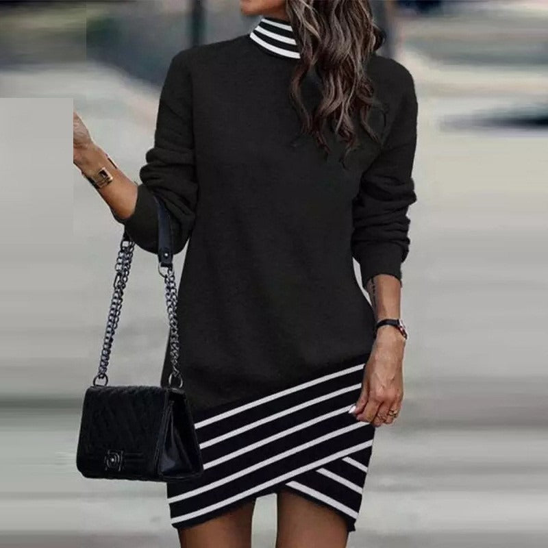 Black Striped Printed Long Sleeve Turtle Neck Dresses for Women