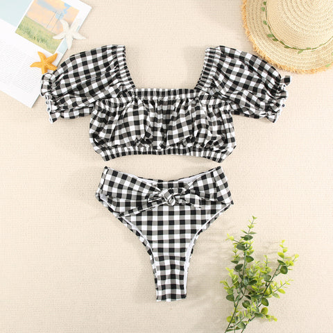 Black Plaid High Waist Split Two Piece Swimsuit