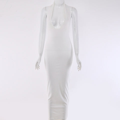 Pandora Halter Backless Sexy Knitted Pencil White Dress