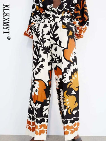 Yellow Printed Long Sleeve Tops and Pants Casual Ladies Suit