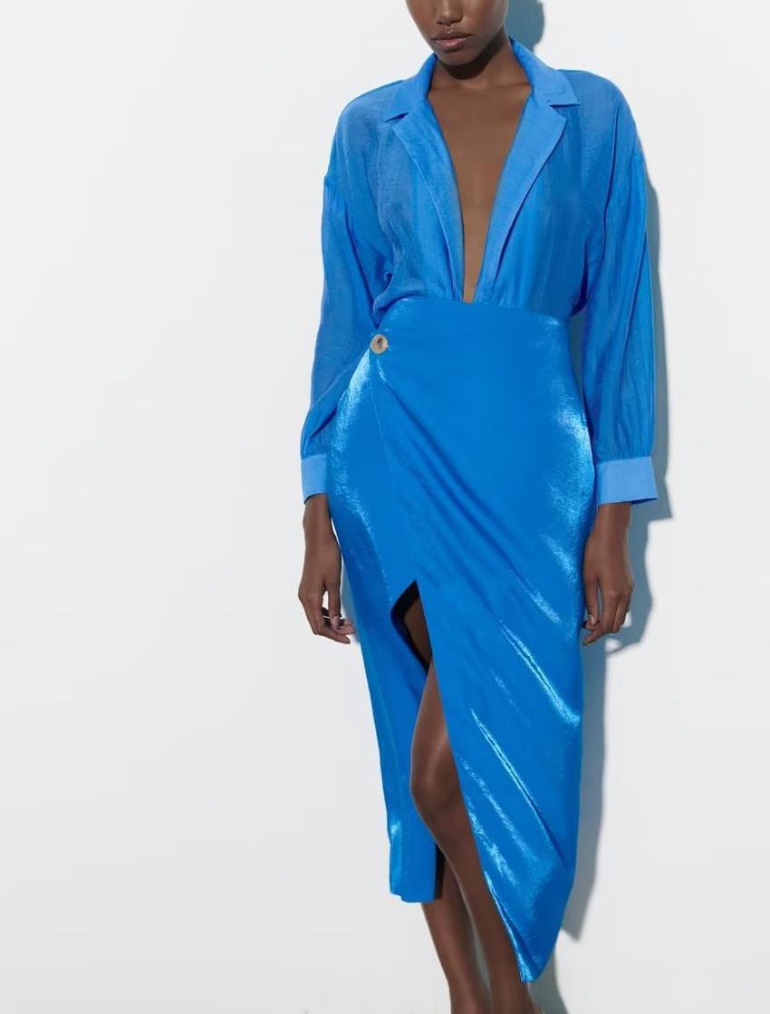 Blue Top Blouse & Blue Side Zipper Skirt Casual Set