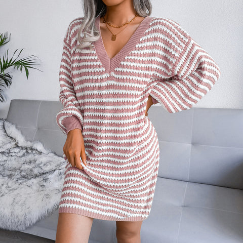 Pink Striped Wool Winter Dress