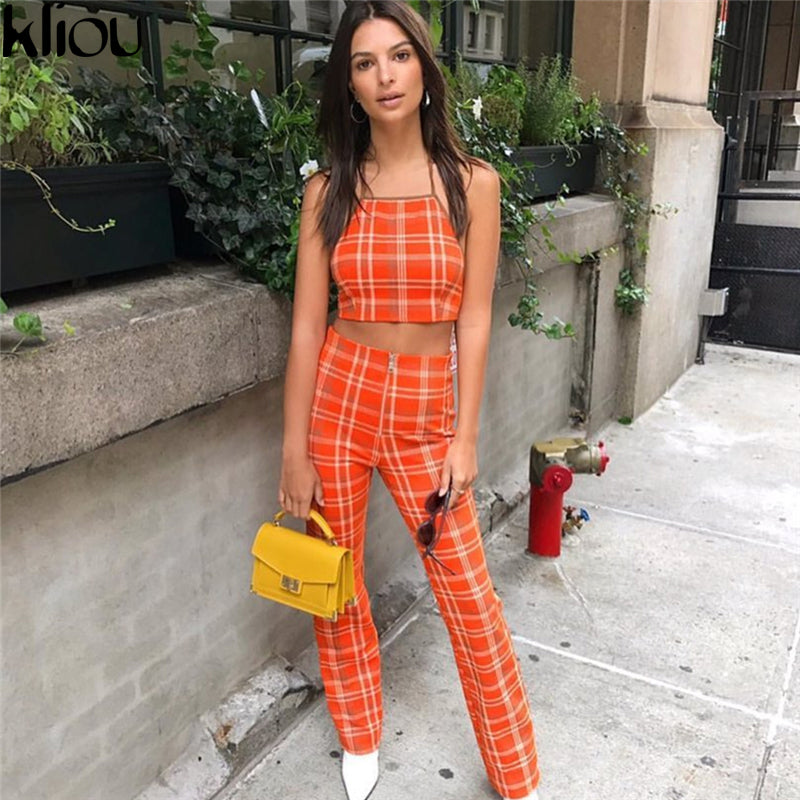  Orange Plaid Sexy Sleeveless Pants Set