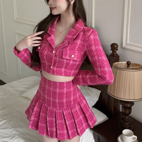 Rose Pink Vintage Tweed Crop Top Jacket and Mini Skirt