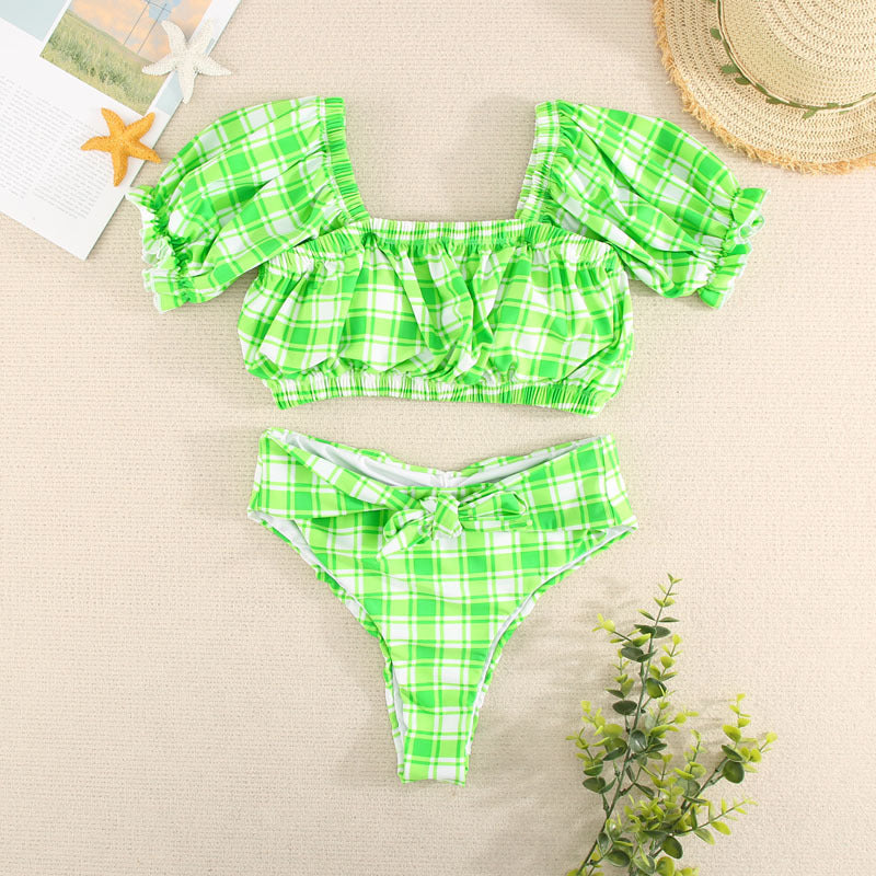 Green Plaid High Waist Split Two Piece Swimsuit