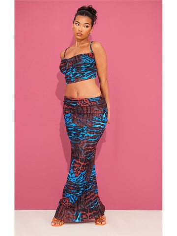 Red Printed Pleated Top And Skirt Set