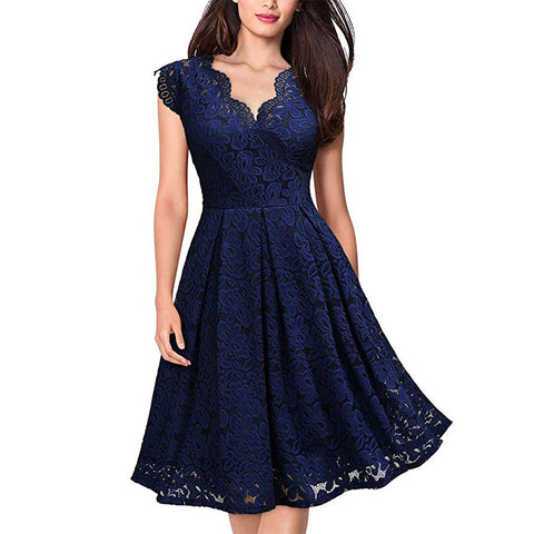 Navy Blue Retro Lace V-Neck Cocktail Dress