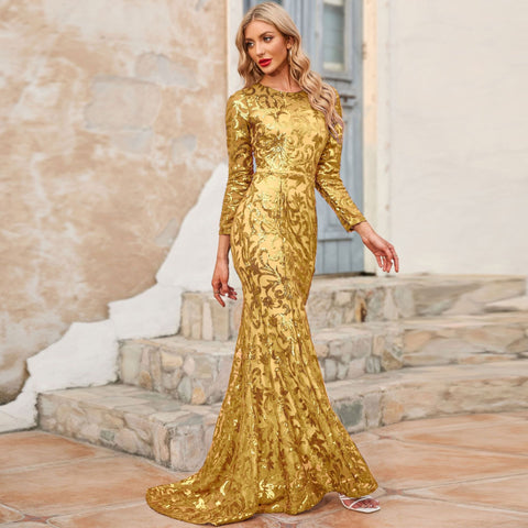 Gold Sequined Long Evening Dress