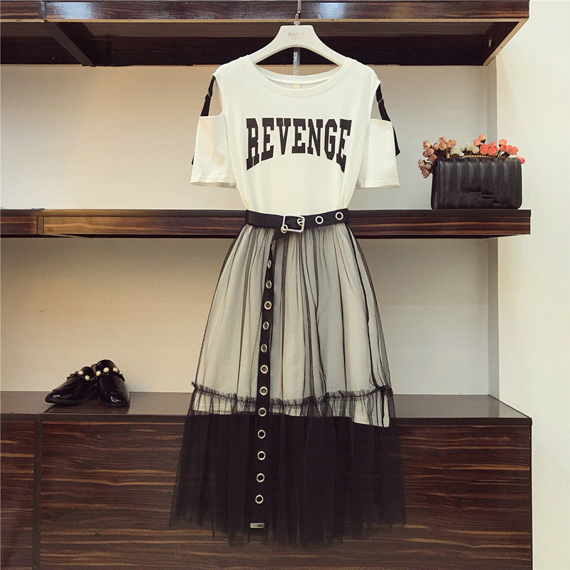 White T-shirt plus Mesh See Through Skirt