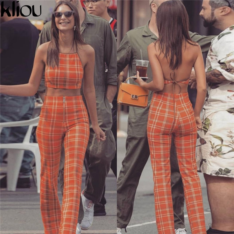 Orange  Tracksuit Plaid Sexy Sleeveless Sweatsuits Set