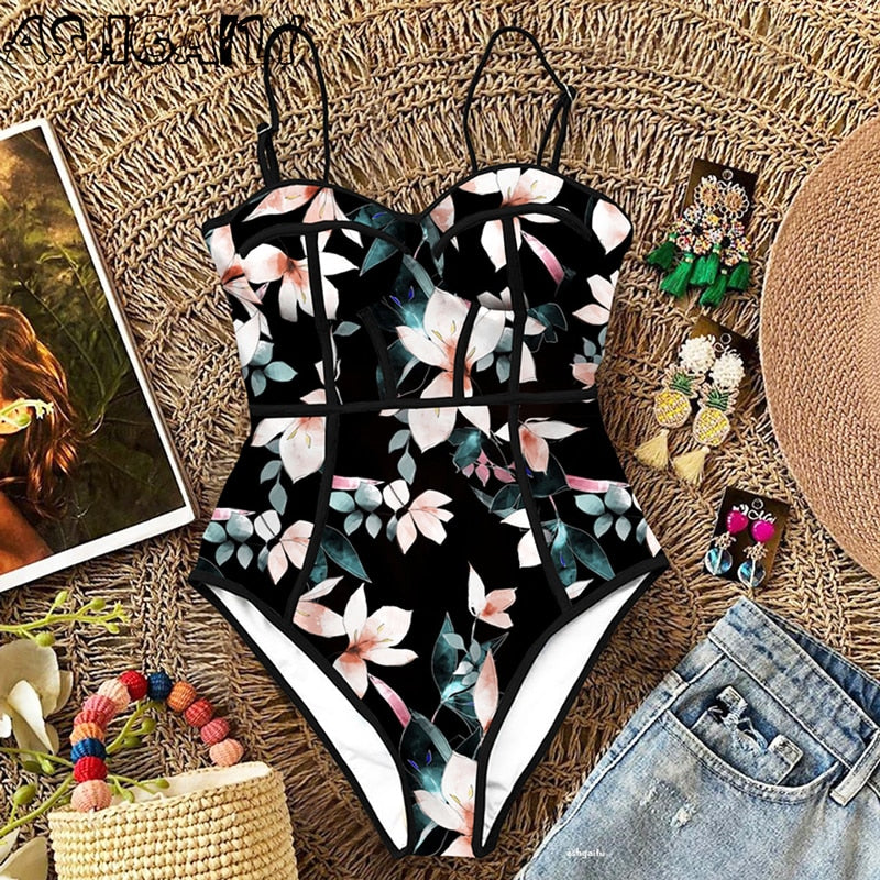  Monokini Print One Piece Swim Suit