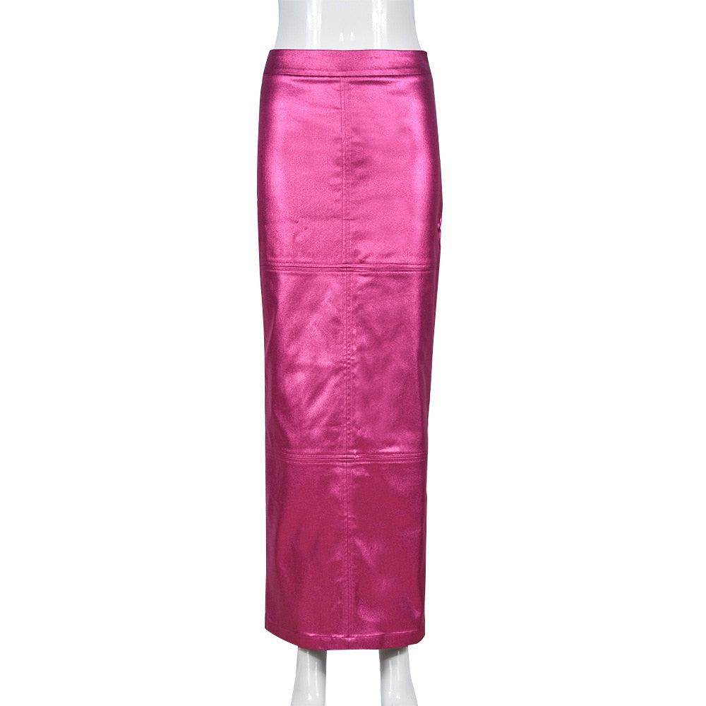 Rose Red High Waist Metallic Hue Maxi Skirt 