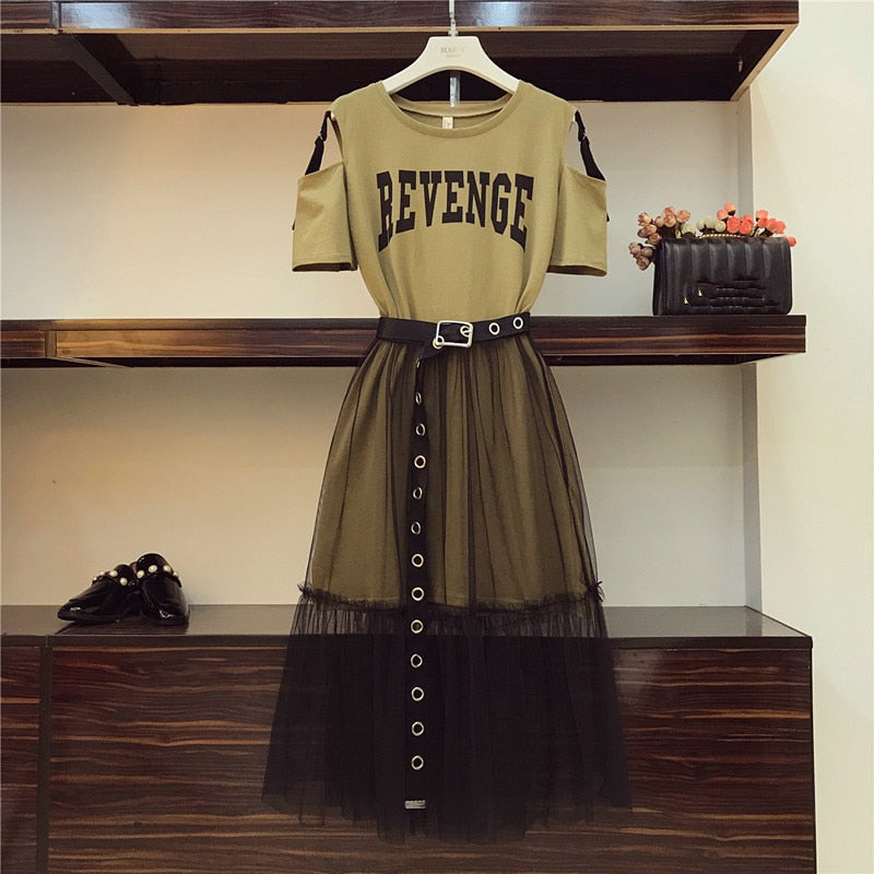 Army Green T-shirt plus Mesh See Through Skirt