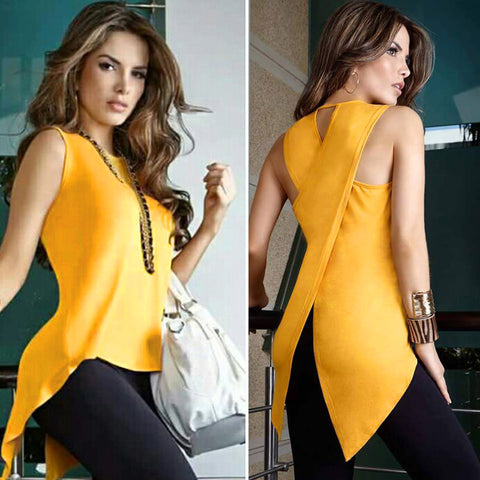 Yellow Cross-back Sleeveless Womens Tops