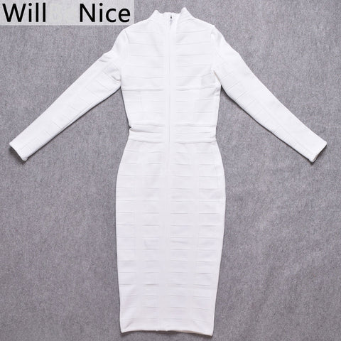 S1 Women Bodycon Bandage Dress White Long Sleeve Hollow Out Club Dress Vestidos Celebrity Evening Party Midi Dress