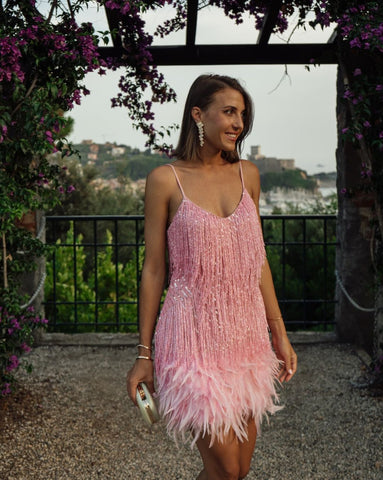 Pink Fringe Feather Panel Sequin Dress