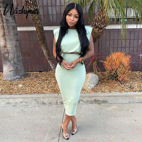 Light Green Crop Top & Midi Skirts Summer Dress