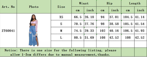 Denim Long Wide-Leg Trouser Pants Size Chart