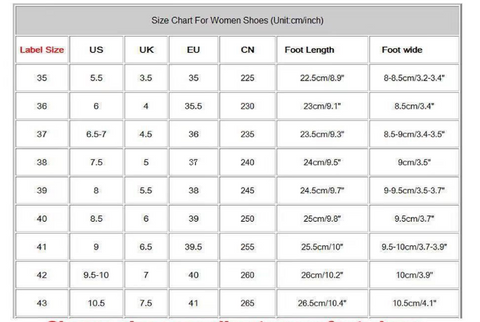 casual slipper size chart