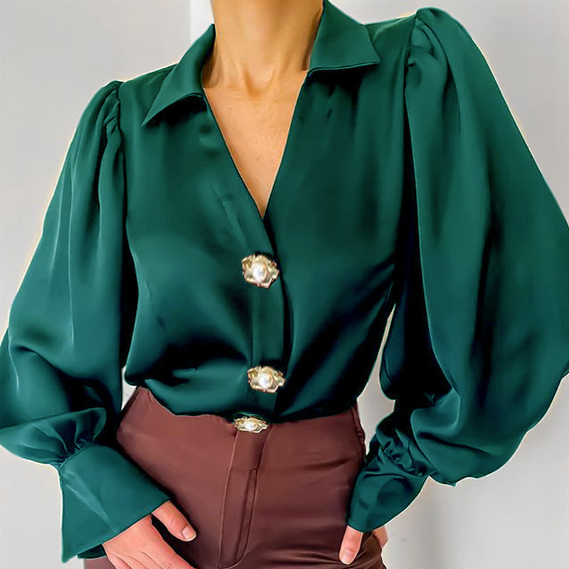 Dark Green Loose Lantern Sleeve Formal Blouse