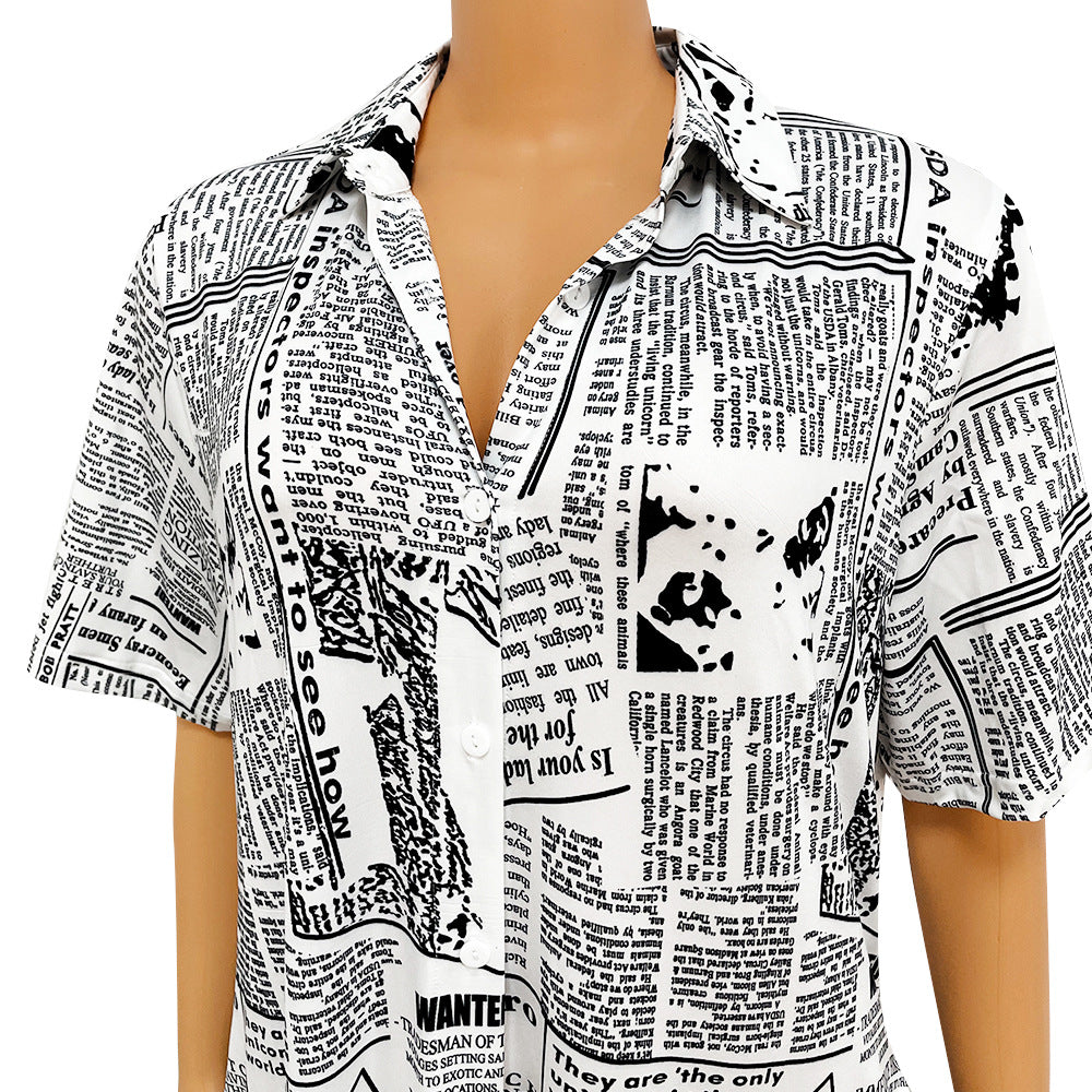 Phoebe Printed Newspaper Shirt Dress