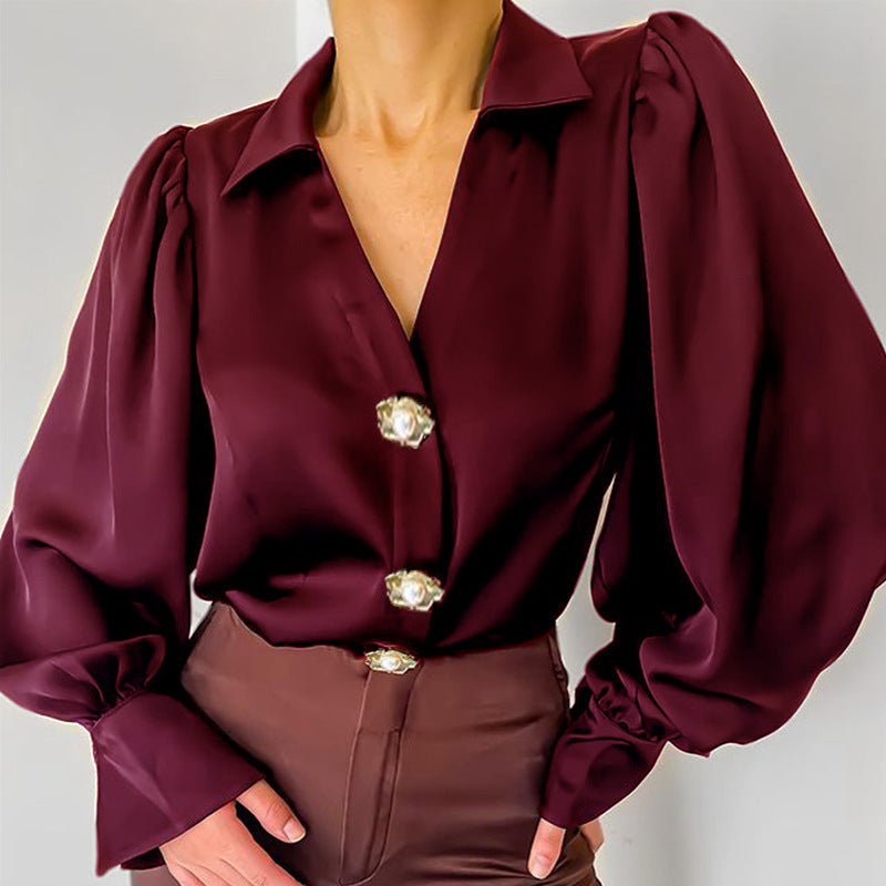 Wine Red Loose Lantern Sleeve Formal Blouse