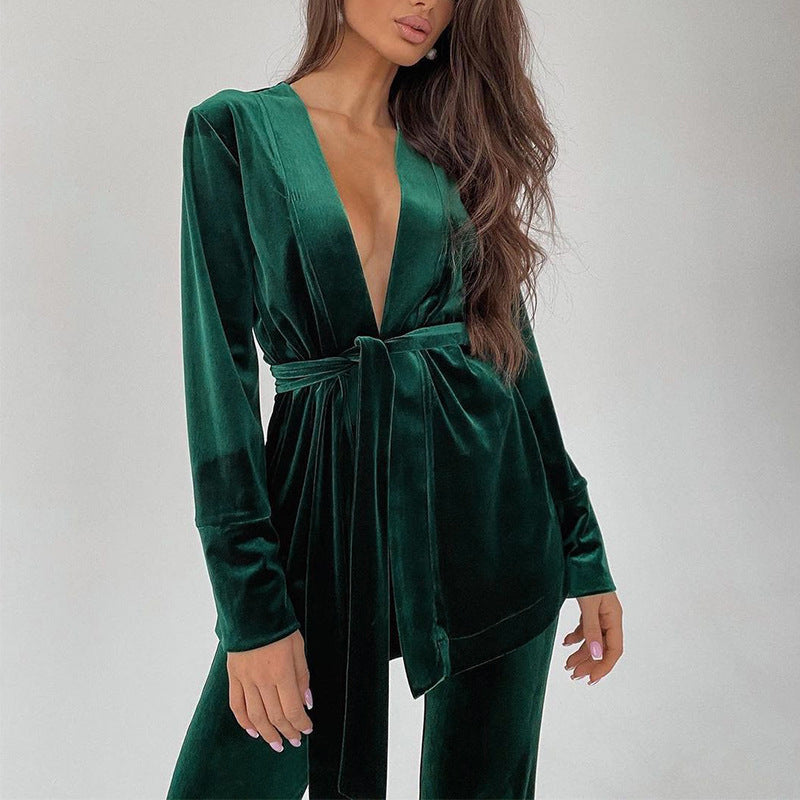 Green Women's Top And Pants Suit Set