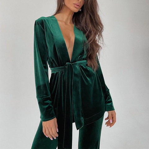 Green Women's Top And Pants Suit Set