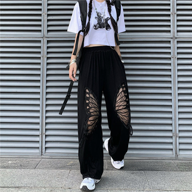 Black Butterfly Wings Embroidery Elastic Waist Pants