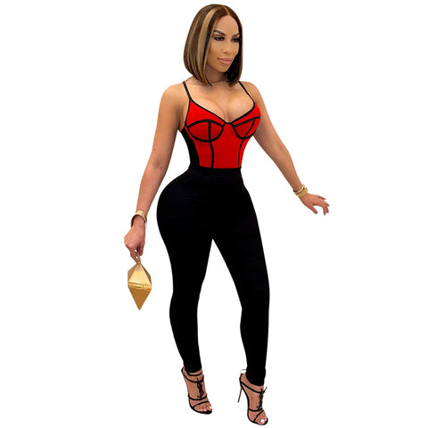 Red Taylor Tight-fitting Jumpsuit With Suspenders