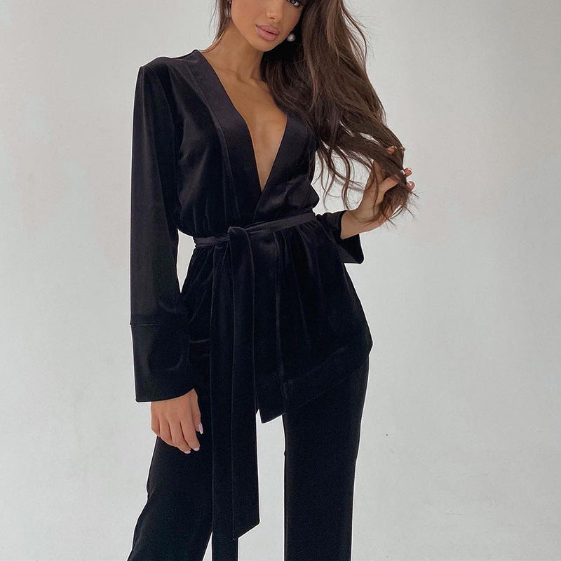Black Women's Top And Pants Suit Set