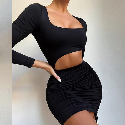 Black Front-Cut Sophisticated Party Dress 