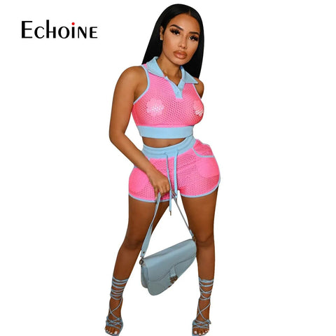 Pink Sexy Mesh Vest Crop Tops & Shorts