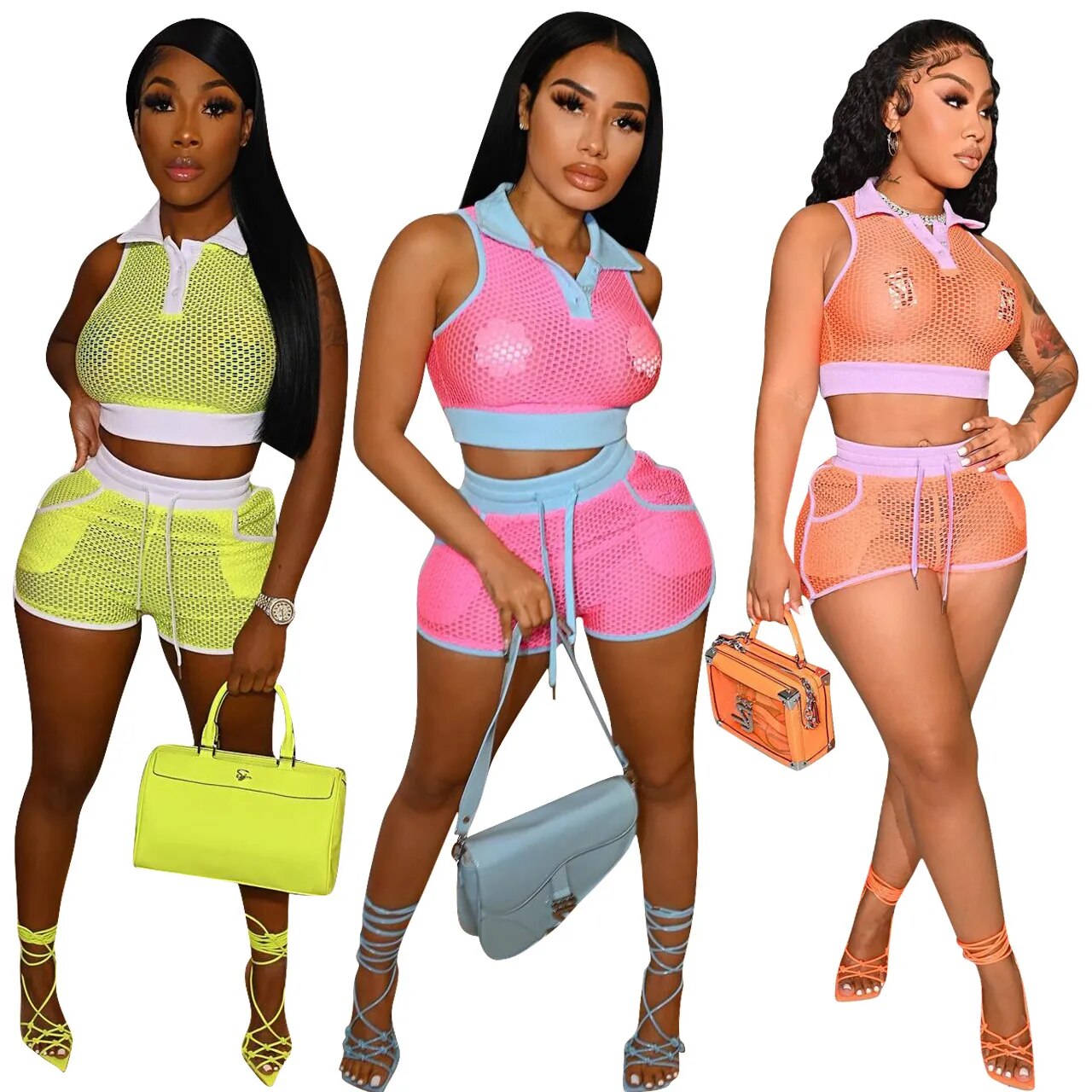 Sexy Mesh Vest Crop Tops & Shorts