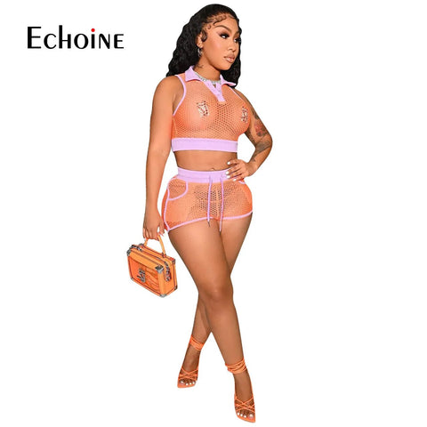 Orange Sexy Mesh Vest Crop Tops & Shorts