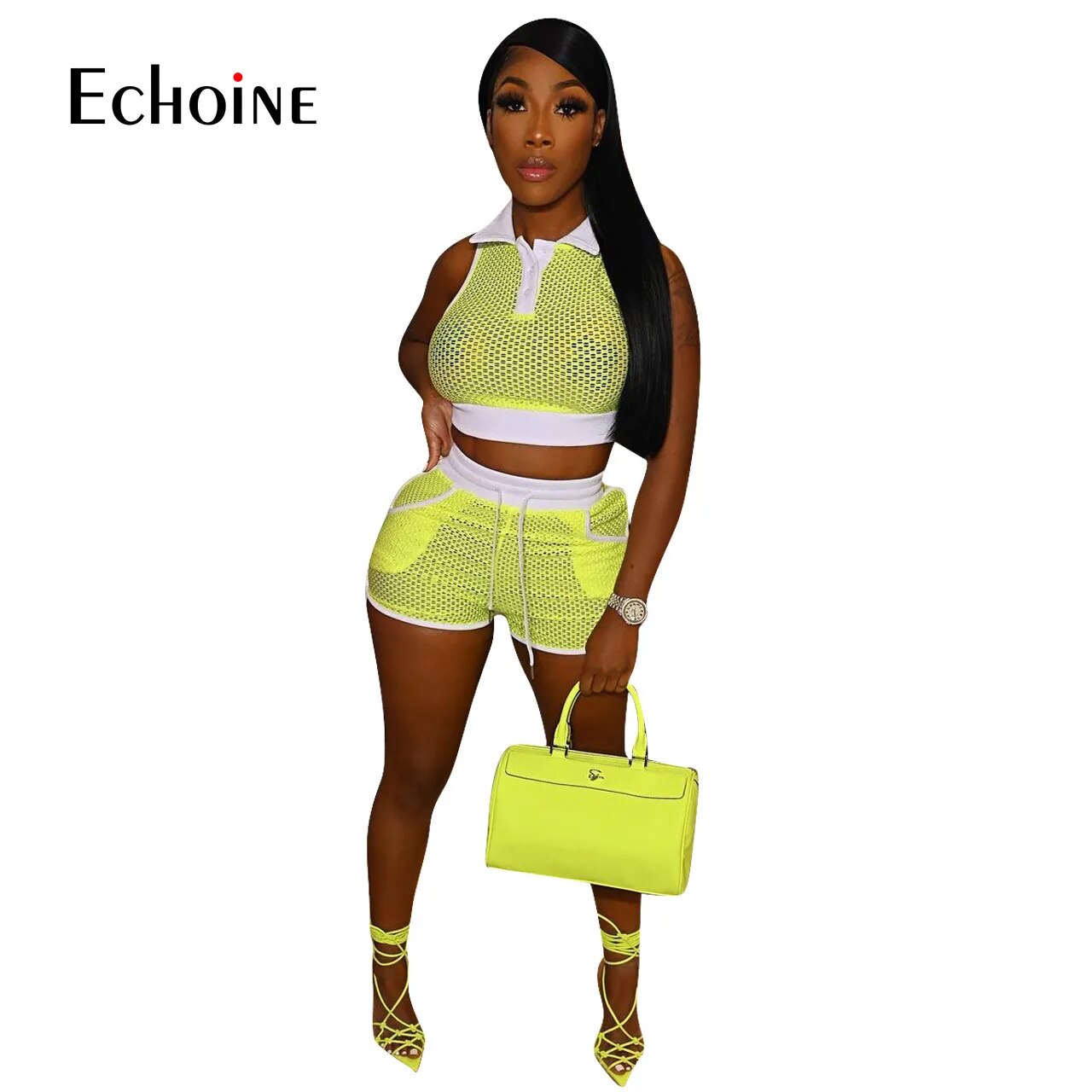 Neon Yellow Sexy Mesh Vest Crop Tops & Shorts